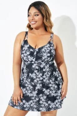 Black Floral Printed Double Strap Women Swimdress 11 Black Floral Printed Double Strap Women Swimdress -Meetcurve Shop b sfsd2003068 4