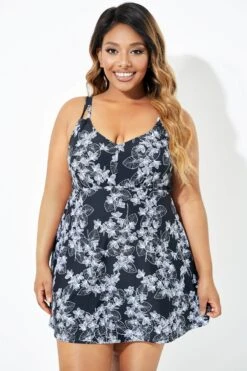 Black Floral Printed Double Strap Women Swimdress 13 Black Floral Printed Double Strap Women Swimdress -Meetcurve Shop b sfsd2003068 6