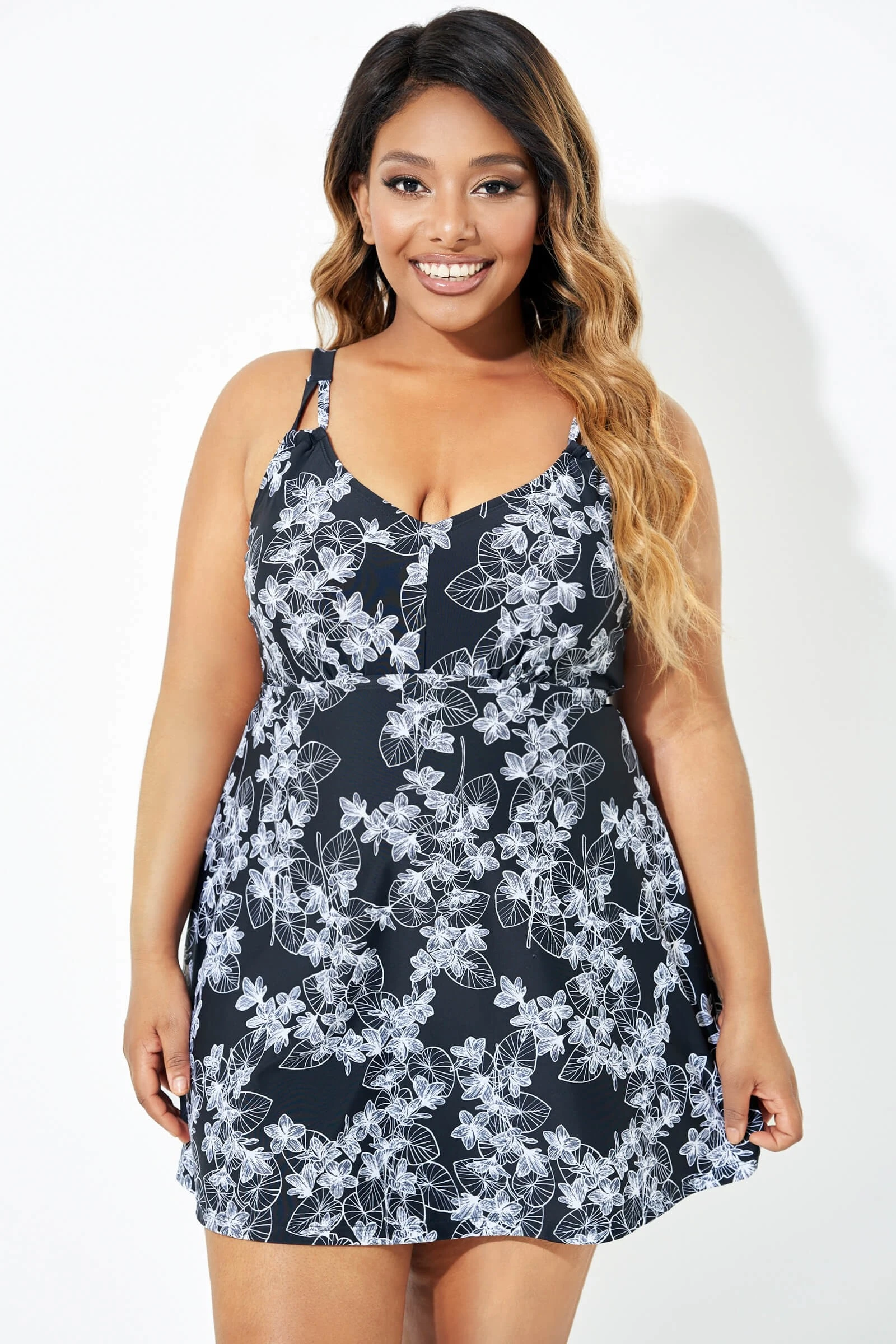 Black Floral Printed Double Strap Women Swimdress 8 Black Floral Printed Double Strap Women Swimdress - Image 6