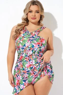 Tropic Pattern High Neck Wrap Front Swimdress 8 Tropic Pattern High Neck Wrap Front Swimdress -Meetcurve Shop b sfsd2003147 3