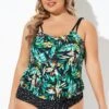 Green Leaf Adjustable Straps Blouson Tankini Top 1 Green Leaf Adjustable Straps Blouson Tankini Top -Meetcurve Shop b sftan010006 1 1