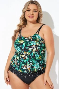 Green Leaf Adjustable Straps Blouson Tankini Top 12 Green Leaf Adjustable Straps Blouson Tankini Top -Meetcurve Shop b sftan010006 5