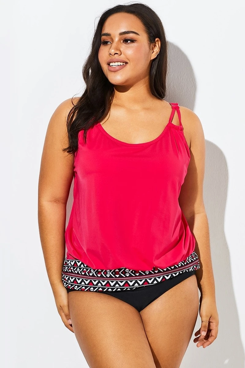 Women Red Loop Strap Blouson Tankini Top 3 Women Red Loop Strap Blouson Tankini Top