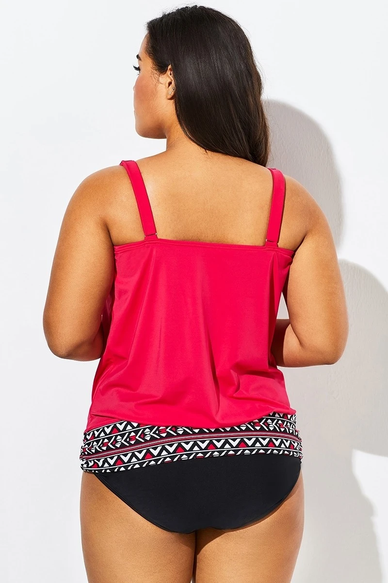 Women Red Loop Strap Blouson Tankini Top 4 Women Red Loop Strap Blouson Tankini Top - Image 2
