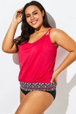 Women Red Loop Strap Blouson Tankini Top 11 Women Red Loop Strap Blouson Tankini Top -Meetcurve Shop b sftan1911017 4