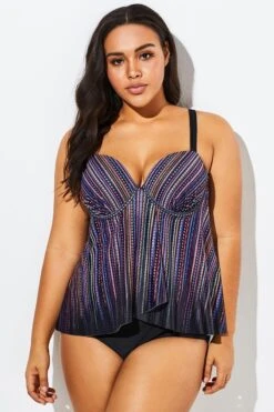 Meetcurve Shop 58 Stripe Flowy Sweetheart Neckline Underwire Tankini Set