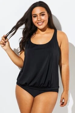 Black Racerback Tummy Control Blouson Tankini Set 13 Black Racerback Tummy Control Blouson Tankini Set -Meetcurve Shop b sftan1911062 4