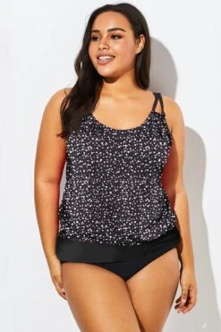 Meetcurve Shop 62 Black White Dot Loop Strap Blouson Tankini Top