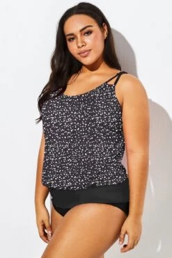 Black White Dot Loop Strap Blouson Tankini Top -Meetcurve Shop b sftan1911127 33 1