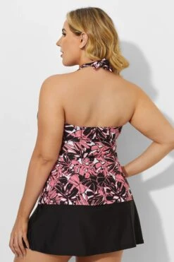 Flower Halter V Neckline Tankini With Slit Skirt -Meetcurve Shop b sftan1911168 3