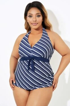 Meetcurve Shop 64 Blue & White Stripe Self-tie Halter Straps Tankini Top