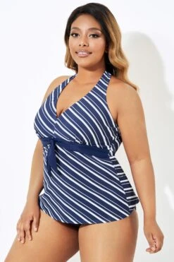 Blue & White Stripe Self-tie Halter Straps Tankini Top -Meetcurve Shop b sftan1911180 3