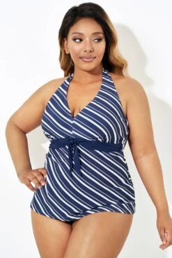 Blue & White Stripe Self-tie Halter Straps Tankini Top -Meetcurve Shop b sftan1911180 4