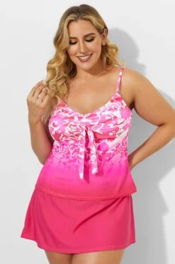 Pink Tie Front Tankini With Sorbet Side Slit Skirt -Meetcurve Shop b sftan2003032 3