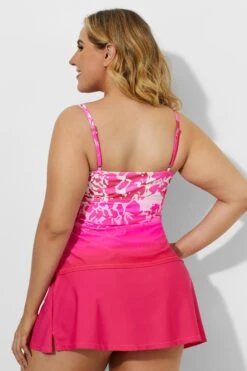 Pink Tie Front Tankini With Sorbet Side Slit Skirt -Meetcurve Shop b sftan2003032 4