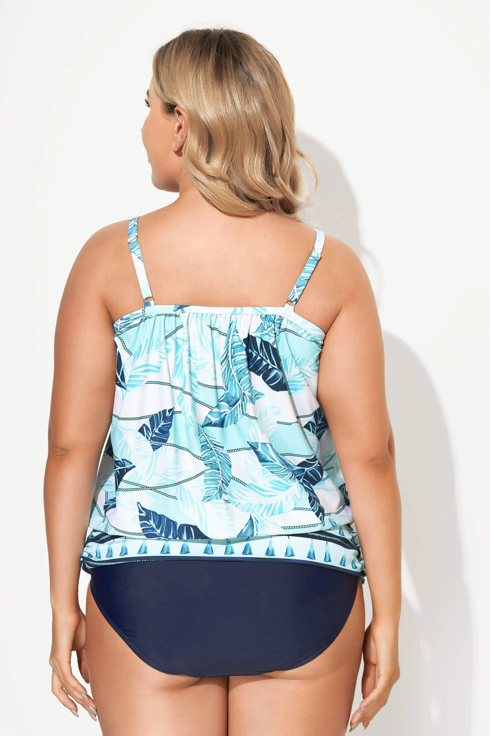 Scoopneck Leaf Print Ropes Blouson Tankini Top 5 Scoopneck Leaf Print Ropes Blouson Tankini Top - Image 3