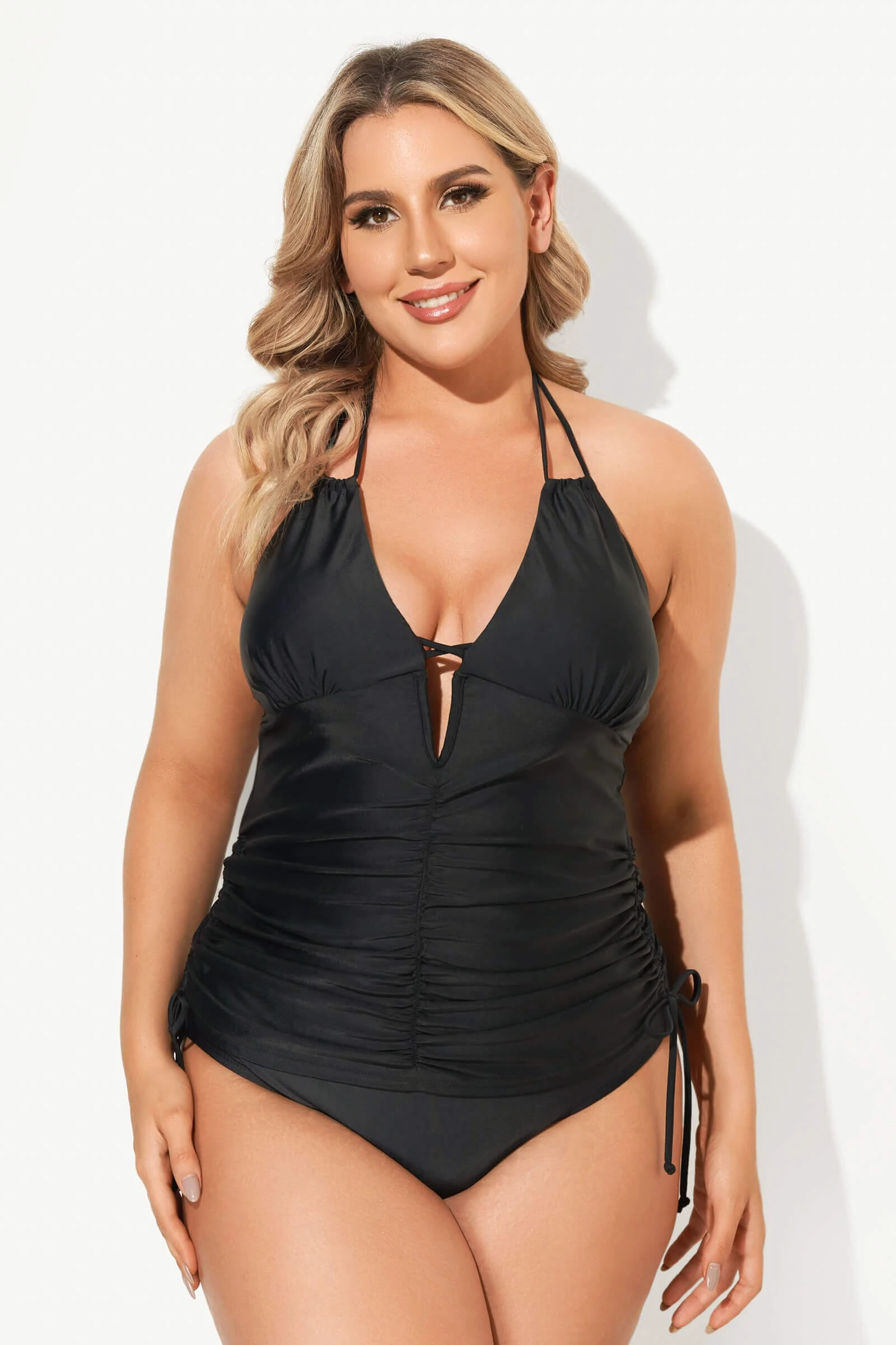 Black Deep V-Neck Self-Tie Plunge Tankini Set 3 Black Deep V-Neck Self-Tie Plunge Tankini Set