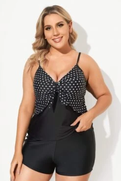 Black Dots Sweetheart Neck Tie Front Tankini Top -Meetcurve Shop b sftan2003149 2
