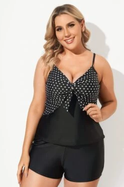 Black Dots Sweetheart Neck Tie Front Tankini Top -Meetcurve Shop b sftan2003149 4