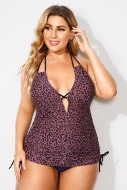 Leopard Printed Deep V-Neck Self-Tie Tankini Top