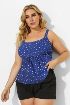Blue Scoopneck Adjustable Straps Purple Dot Tankini Top -Meetcurve Shop b sftan2003237 44