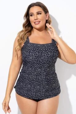Black Wide Straps Tie-back White Speckle Tankini Top