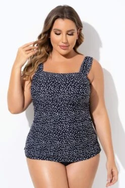 Black Wide Straps Tie-back White Speckle Tankini Top -Meetcurve Shop b sftan2003260 3