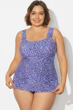 Blue Wide Straps Tie-Back White Speckle Tankini Top