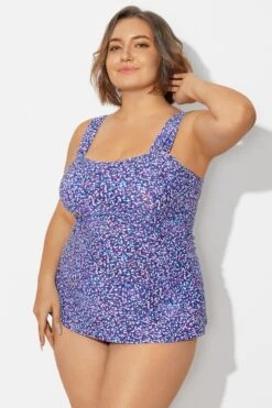 Blue Wide Straps Tie-Back White Speckle Tankini Top -Meetcurve Shop b sftan2003261 4