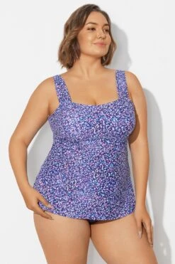 Blue Wide Straps Tie-Back White Speckle Tankini Top -Meetcurve Shop b sftan2003261 6