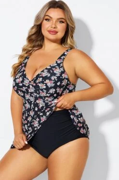 Floral Print V-Neck Adjustable Straps Tankini Top -Meetcurve Shop b sftan2003334 5