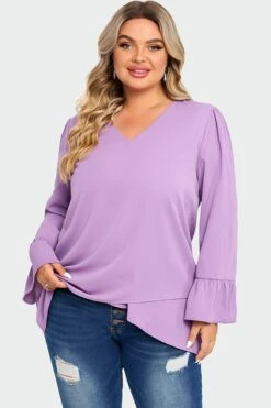 Purple Asymmetrical Ruffles Sleeve Crisscross Hem Blouse -Meetcurve Shop c top003001 3