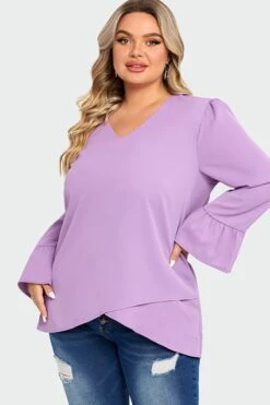 Purple Asymmetrical Ruffles Sleeve Crisscross Hem Blouse -Meetcurve Shop c top003001 4