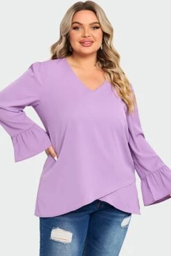 Purple Asymmetrical Ruffles Sleeve Crisscross Hem Blouse -Meetcurve Shop c top003001 6