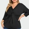 Black V Neck Modal Twist Front Women T-Shirt 1 Black V Neck Modal Twist Front Women T-Shirt -Meetcurve Shop c top005001 1