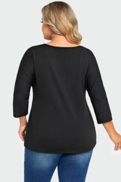 Black V Neck Modal Twist Front Women T-Shirt -Meetcurve Shop c top005001 2