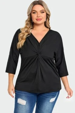 Black V Neck Modal Twist Front Women T-Shirt -Meetcurve Shop c top005001 3
