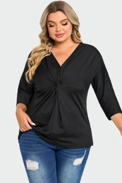 Black V Neck Modal Twist Front Women T-Shirt -Meetcurve Shop c top005001 4