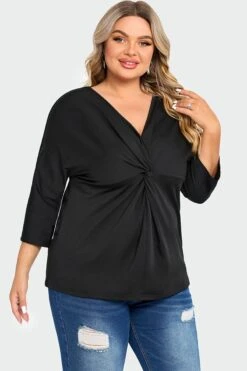 Black V Neck Modal Twist Front Women T-Shirt -Meetcurve Shop c top005001 5