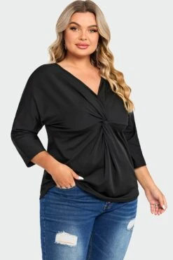 Black V Neck Modal Twist Front Women T-Shirt -Meetcurve Shop c top005001 6