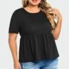 Black Peplum Short Sleeve Round Neck Top 2 Black Peplum Short Sleeve Round Neck Top -Meetcurve Shop c top006001 1