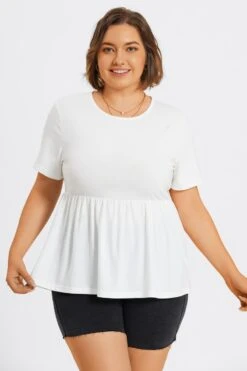 White Plus Size Round Neck Peplum Top -Meetcurve Shop c top006002 3