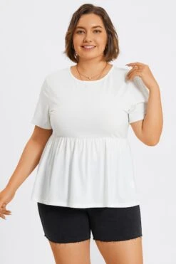 White Plus Size Round Neck Peplum Top -Meetcurve Shop c top006002 4