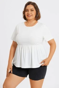 White Plus Size Round Neck Peplum Top -Meetcurve Shop c top006002 5