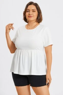 White Plus Size Round Neck Peplum Top -Meetcurve Shop c top006002 6