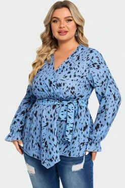 Blue Asymmetrical Hem Wrap Long Sleeve Blouse