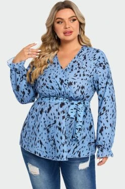Blue Asymmetrical Hem Wrap Long Sleeve Blouse -Meetcurve Shop c top007001 3