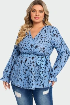 Blue Asymmetrical Hem Wrap Long Sleeve Blouse -Meetcurve Shop c top007001 4
