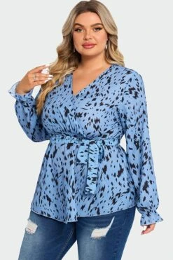 Blue Asymmetrical Hem Wrap Long Sleeve Blouse -Meetcurve Shop c top007001 5