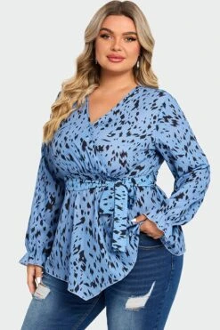 Blue Asymmetrical Hem Wrap Long Sleeve Blouse -Meetcurve Shop c top007001 6